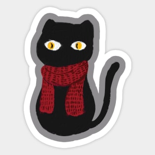 Black cat and red scarf on Christmas day Sticker